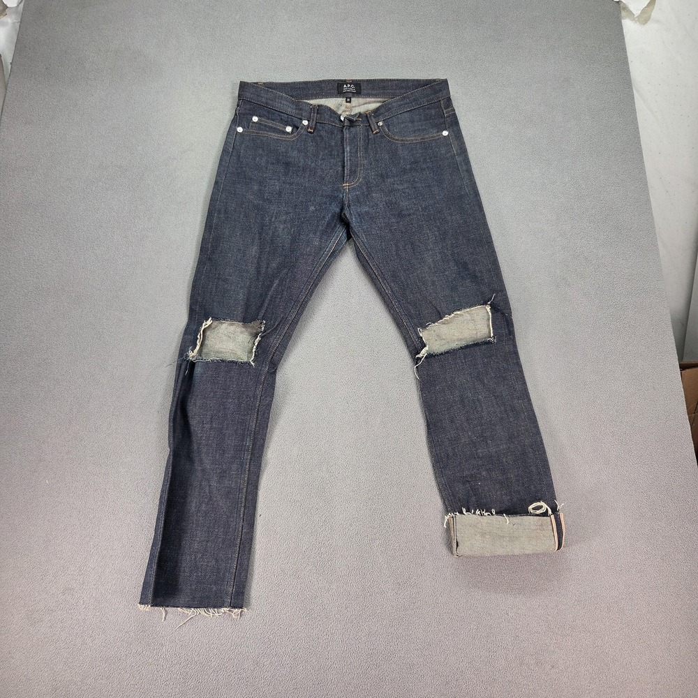 APC New Cure H Jeans Mens Blue Selvedge Button Thrashed Extra Slim Fits 30x26